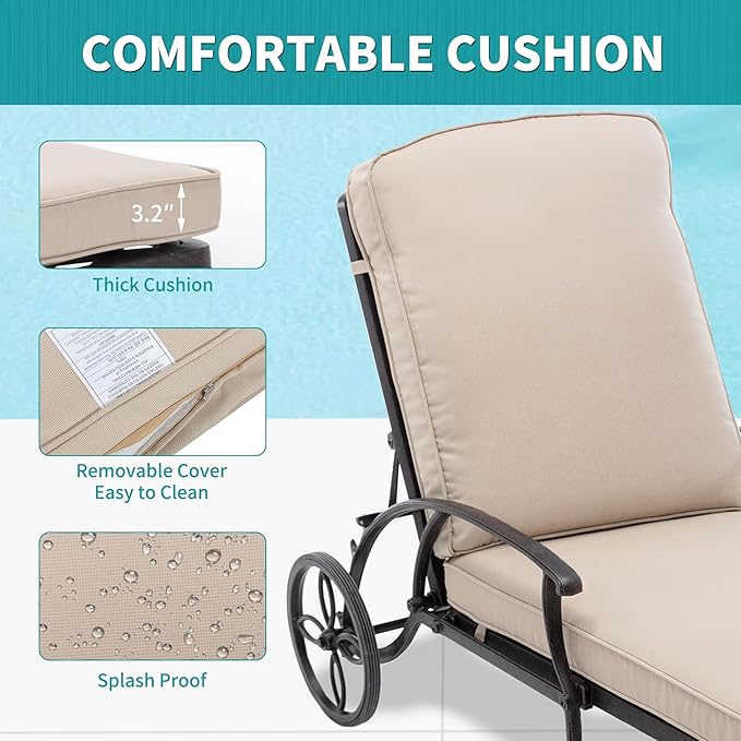 HOMEFUN Chaise Lounge Chair Outdoor - Poolside Chairs Set of 2 with Cushion and 1 Patio Side Table Cast Aluminum Waterproof Lounger with Wheels and Adjustable Reclining (Beige Cushion)