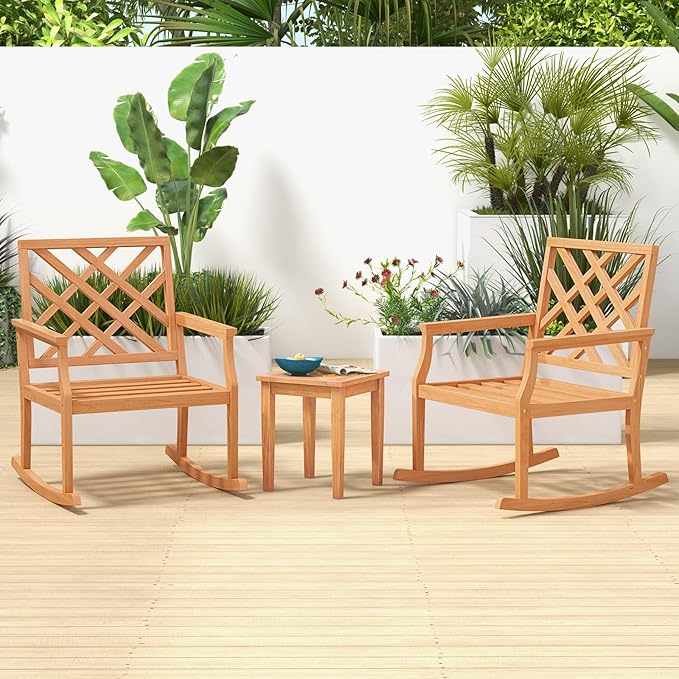 Tangkula Teak Wood Rocking Chair, Oversized Porch Rocker with Backrest and Slatted Seat, Outdoor Rocker Chair for Patio, Backyard and Lawn, 330 LBS Weight Capacity (1, 32 x 28 x 35 Inch)