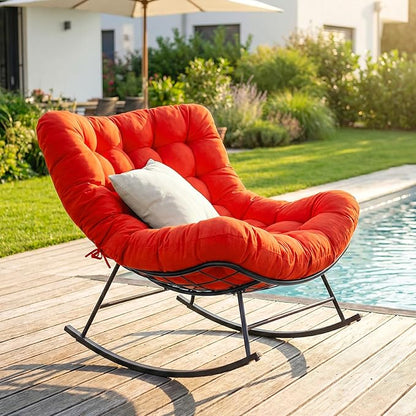 Cushioned Papasan Rocking Chair for Outdoor Indoor, Oversized Outdoor Rocking Chair with Cushion, Egg Rocker for Patio, Porch, Balcony, Lawn, Bedroom, Living Room, Red-Orange