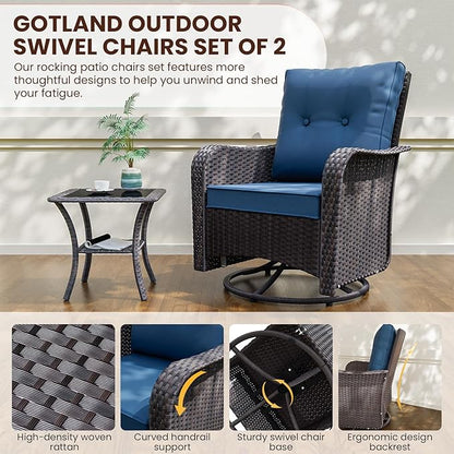 Gotland Outdoor Swivel Chairs Set of 2, 3 Pieces Patio Furniture Set with Thick Cushion, Wicker Rocking Patio Chairs Set of 2, Patio Bistro Set with Double-Layer Coffee Table for Balcony Porch Navy