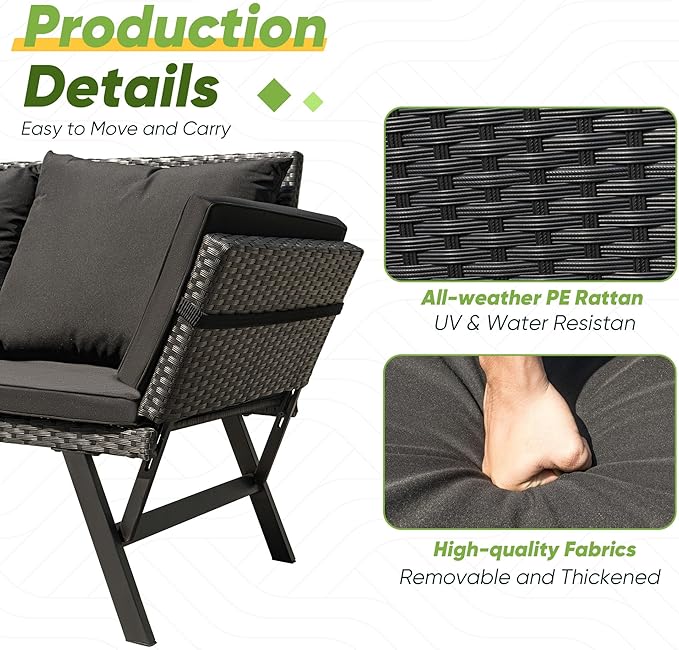Greesum Outdoor Sofa, Woven Rattan Patio Furniture, Convertible Daybed or Double Chair with Adjustable Armrests - Photo 7
