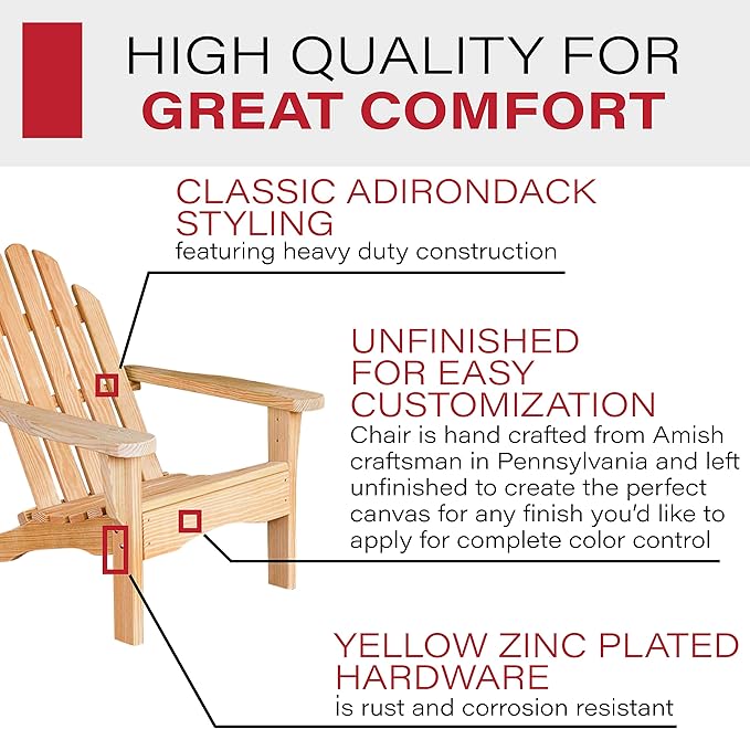 Amish Casual Heavy Duty Adirondack Chair in Unfinished - Authentic Amish Craftmanship from Treated Pine, Outdoor Chair Made in The USA, 800 Lb Weight Capacity