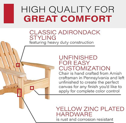 Amish Casual Heavy Duty Adirondack Chair in Unfinished - Authentic Amish Craftmanship from Treated Pine, Outdoor Chair Made in The USA, 800 Lb Weight Capacity