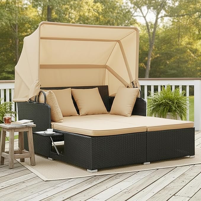 Tangkula Patio Rattan Daybed with Retractable Canopy, Outdoor Wicker Sunbed Lounger with 2 Foldable Side Tables - Photo 3