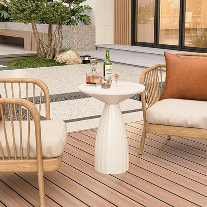 Round Small Patio Side Table Set of 2, Patio Furniture Accent End Table, Metal Steel Outdoor Side Table, for Garden, Pool, Yard, Balcony, Living Room, Deck, Weather Resistant, No Assembly, Beige White