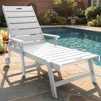 YEFU Lounge Chair Outdoor Chaise: Outdoor Chaise Lounge with 5-Level Adjustable Backrest, Cup Holders & Wheels, All-Weather Resistance Chaise Lounge for Outside/Patio/Beach/Deck, White