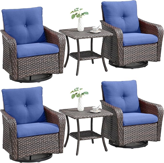 Rilyson Outdoor Patio Swivel Rocker Chairs - 6 PC Wicker Patio Bistro Sets with High Back,Comfy Cushions, Deep Seating and Side Table for Porch Deck Backyard Garden(Brown/Blue)