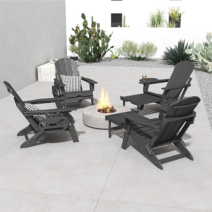 FOOWIN Adirondack Chair with Retractable Ottoman,HDPE Folding Adjustable Adirondack Chair w/4 in 1 Cup Holder Trays,All-Weather Resistant Fire Pit Chair for Outdoor Patio Lawn Set of 6