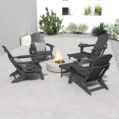FOOWIN Adirondack Chair with Retractable Ottoman,HDPE Folding Adjustable Adirondack Chair w/4 in 1 Cup Holder Trays,All-Weather Resistant Fire Pit Chair for Outdoor Patio Lawn Set of 6