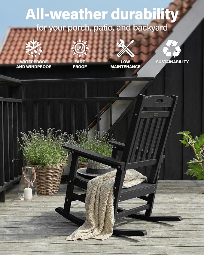 YEFU Outdoor Rocking Chairs Set of 4: Patio Rocking Chair for Adult, Outdoor Rocker Weather Resistant, Easy to Assemble, Safe&Comfortable, Black