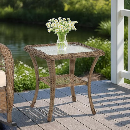 MEETWARM Wicker Outdoor Side Table, All-Weather Patio Rattan Side Table with Tempered Glass Top and Storage Shelf, Small Patio End Table for Outside Indoor Poolside Deck Garden, Brown