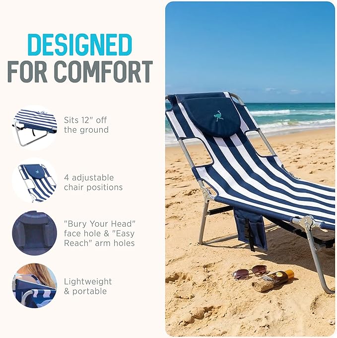Ostrich the Backpack Chaise Lounge, Folding & Reclining Outdoor Beach Chaise Lounger Chair for Lawn, Pool, Patio, Garden, and Yard, Blue Stripe