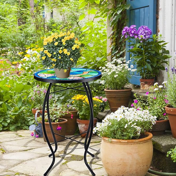 VCUTEKA Patio Side Table Outdoor Accent Table Bistro Coffee Table Plant End Table Small Porch Table Indoor Round Glass Balcony Bluebird Plant Table Stands