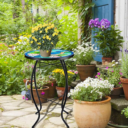 VCUTEKA Patio Side Table Outdoor Accent Table Bistro Coffee Table Plant End Table Small Porch Table Indoor Round Glass Balcony Bluebird Plant Table Stands