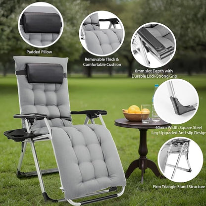 NEWBULIG Zero Gravity Chair, Folding Outdoor Patio Recliner, Reclining Camping Lounge Chair with Cup Holder Trays and Removable Cushion for Indoor Outdoor Beach