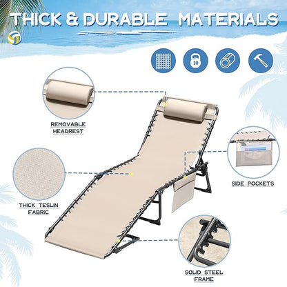 Devoko Lounge Beach Chair for Adults, Outdoor Sun Tanning Chair, Portable Folding Camping Lay Chaise Lounge Chairs for Outside Beach Pool Reading, Sunbathing (1, Beige)
