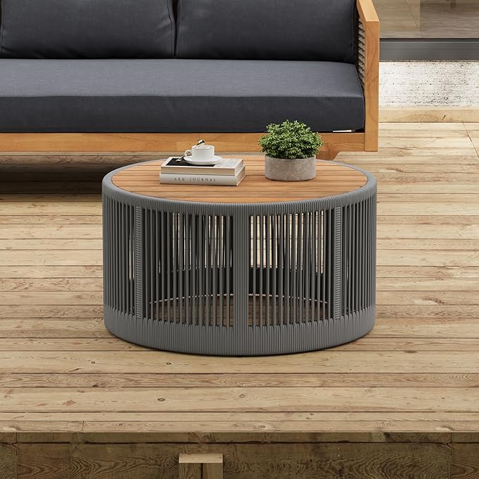 Outdoor Rattan Coffee Table with Solid Acacia Wood Tabletop, Patio Round Coffee Table Side Table (Grey) - Photo 1