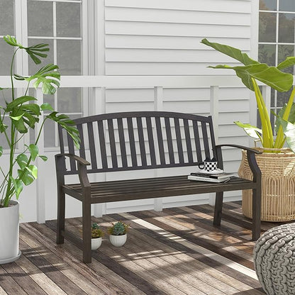 46" Outdoor Garden Bench, Metal Bench, Wood Look Slatted Frame Furniture for Patio, Park, Porch, Lawn, Yard, Deck, Brown