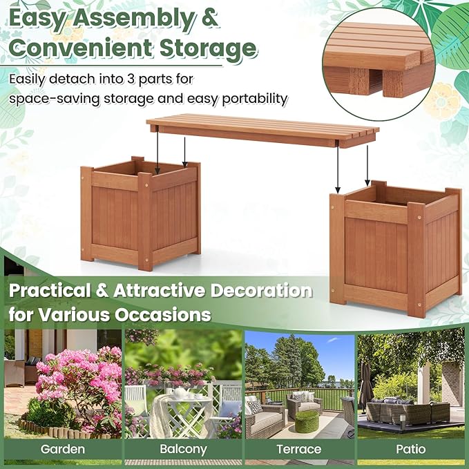 Planter Box Bench Outdoor, Wooden Patio Bench Raised Garden Bed with 3 Plant Boxes & 2 Wood Benches, 2-in-1 Wood Planter Bench Deck Plant Box for Porch, Garden & Backyard