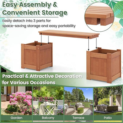 Planter Box Bench Outdoor, Wooden Patio Bench Raised Garden Bed with 3 Plant Boxes & 2 Wood Benches, 2-in-1 Wood Planter Bench Deck Plant Box for Porch, Garden & Backyard