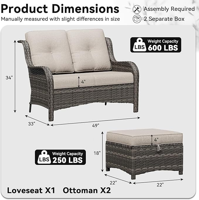 3-Piece Outdoor Couch Set, 1 Wicker Patio Loveseat with Thickened Olefin Cushions, High Back and Deep Seating, Hand-Woven PE Rattan and 2 Ottomans, Patio Conversation Set for Porch, Deck