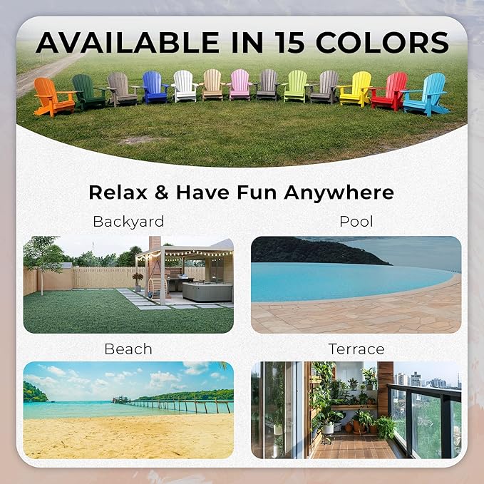 Ecommersify Folding Adirondack Chair with Cup Holder - (Bright White) - Heavy Duty Recycled Poly Lumber Folding Chair - Amish Crafted Outdoor Furniture - Made in USA