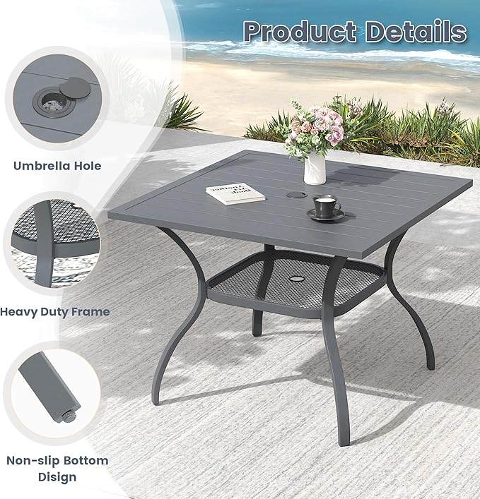 VICLLAX Outdoor Patio Dining Table for 4, Square Metal Table with Umbrella Hole and Storage Shelf for Garden, Lawn, Balcony, Deck, Dark Grey