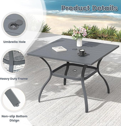 VICLLAX Outdoor Patio Dining Table for 4, Square Metal Table with Umbrella Hole and Storage Shelf for Garden, Lawn, Balcony, Deck, Dark Grey