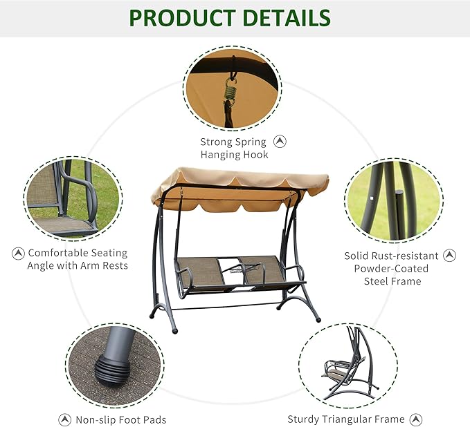 Outsunny 2-Seat Patio Swing Chair, Outdoor Porch Swing Glider with Adjustable Canopy, Cup Holders and Storage Tray - Photo 5