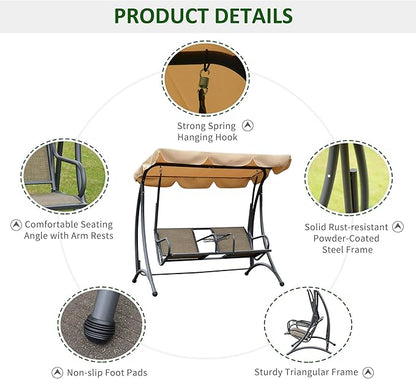 Outsunny 2-Seat Patio Swing Chair, Outdoor Porch Swing Glider with Adjustable Canopy, Cup Holders and Storage Tray, for Garden, Poolside, Backyard