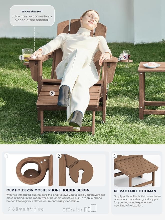 KINGYES Folding Adjustable Adirondack Chair with Ottoman & 2 Cup Holders Set of 4 - Photo 3