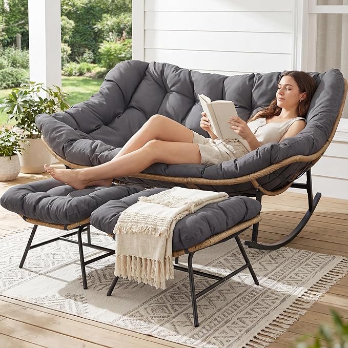RADIATA Double Rocking Chair with Ottomans, Oversized Egg Rocking Chair for 2 - Photo 3