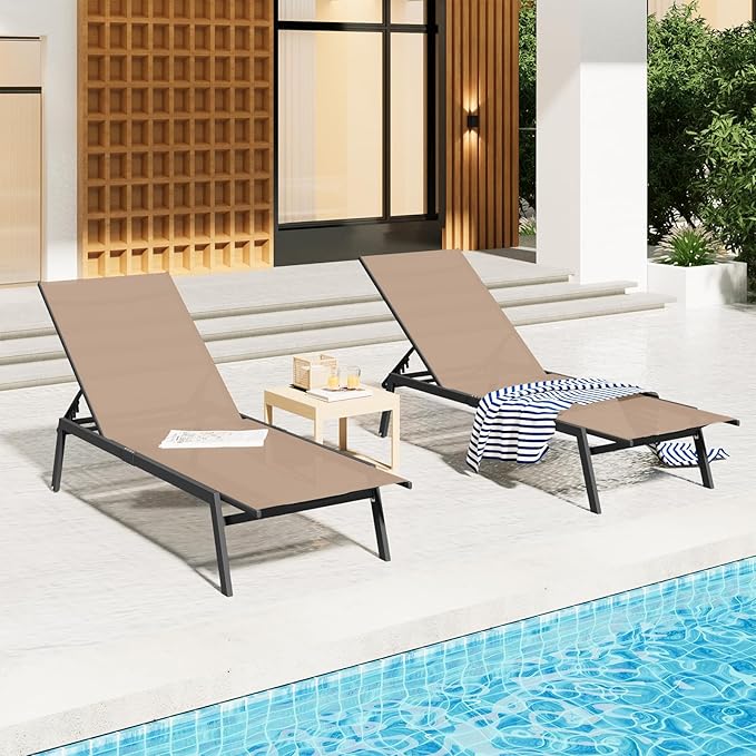 AECOJOY Patio Lounge Chairs for Outside, Adjustable Outdoor Chaise Lounge with Wheels and Adjustable 5-Position Recliner for Pool, Beach, Backyard, Deck, Lawn, Khaki, 2PCS