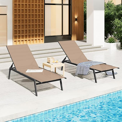 AECOJOY Patio Lounge Chairs for Outside, Adjustable Outdoor Chaise Lounge with Wheels and Adjustable 5-Position Recliner for Pool, Beach, Backyard, Deck, Lawn, Khaki, 2PCS