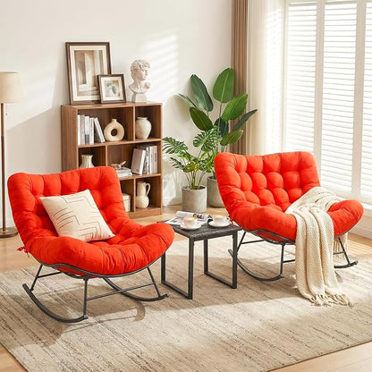 Outdoor Rocking Chairs Set of 2 with Wicker Side Table, Thick Cushioned Papasan Rocking Chairs with End Table, 3PCS Oversized Egg Chair Set for Patio, Porch, Balcony, Bedroom, Living Room, Orange-red