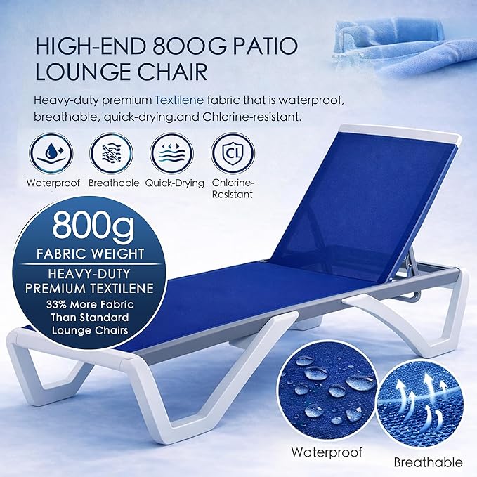 Kozyard Outdoor Chaise Lounge Chair, Full Flat Adjustable Patio Lounger with Aluminum Frame & Resin Legs, Textilene Fabric for Poolside, Backyard & Beach (Blue)