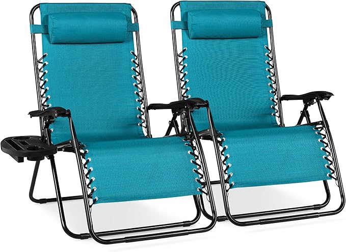 Best Choice Products Set of 2 Extra Wide Adjustable Steel Mesh Zero Gravity Lounge Chair Recliners w/Pillows and Cup - Photo 1