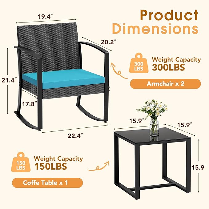 Greesum 3 Piece Patio Furniture Set, All-Weather Imitation Rattan Conversation Set, Outdoor Rocking Chair Bistro Set with Glass Top Coffee Table for Pool, Deck, Porch, Garden or Balcony, Blue