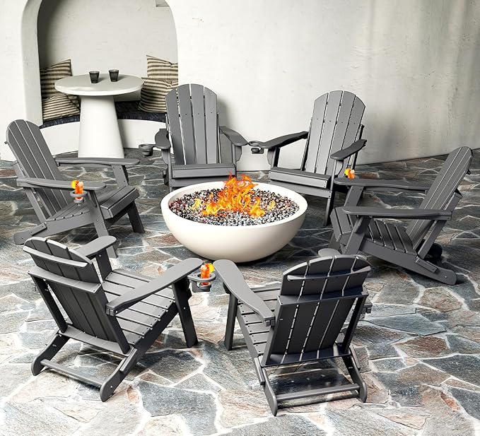 BRIOPAWS Folding-Adirondack-Chairs Set of 6 | HDPE | Fire Pit Chair | Cup Holder | Weather Resistance | Grey | for Outdoor Backyard Deck Patio