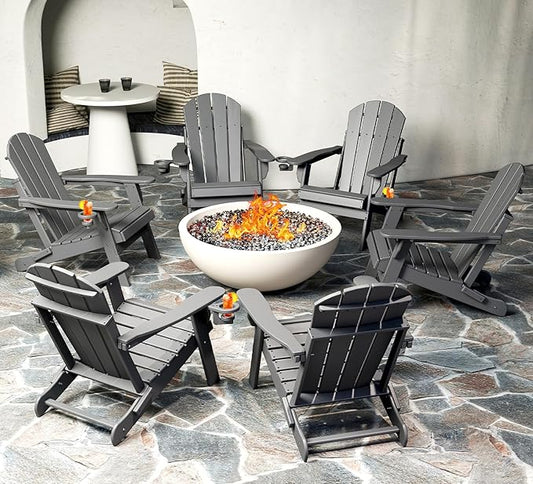 BRIOPAWS Folding-Adirondack-Chairs Set of 6 | HDPE | Fire Pit Chair | Cup Holder | Weather Resistance | Grey | for Outdoor Backyard Deck Patio