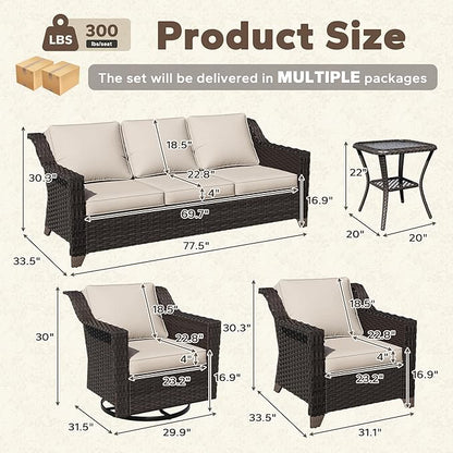 6 Pieces Patio Conversation Furniture Set - 1 Sofa, 2 Swivel Chairs, 2 Armchairs, 1 Side Table, Outdoor Wicker Furniture with Removable Cushions for Porch, Balcony, Sunroom (Beige)