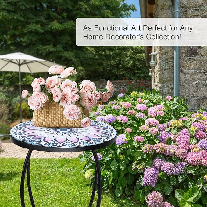 VCUTEKA Outdoor Side Table Mosaic End Table Patio Side Table Small End Tables Glass Top Round Balcony Coffee Porch Indoor Glass Top Flower 14''