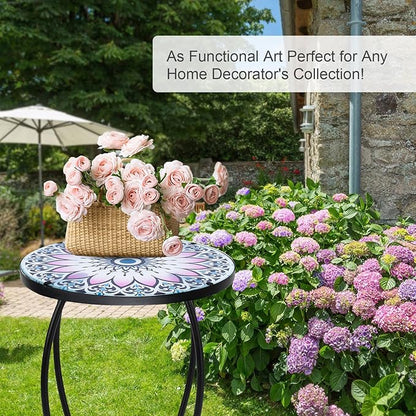 VCUTEKA Outdoor Side Table Mosaic End Table Patio Side Table Small End Tables Glass Top Round Balcony Coffee Porch Indoor Glass Top Flower 14''