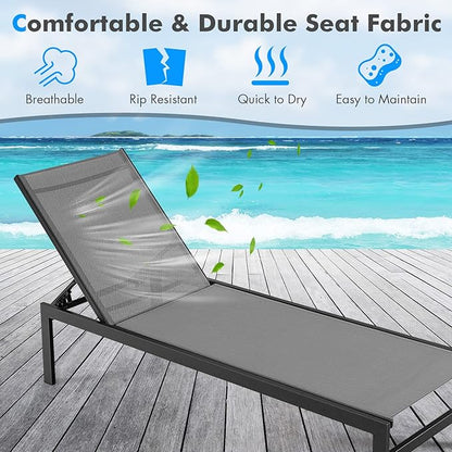 Tangkula Aluminum Lounge Chair Outdoor, Patio Adjustable Chaise Lounge with 6-Position Backrest, Aluminum Frame, Breathable Fabric, Lightweight Recliner Pool Chairs for Poolside, Backyard (2, Grey)