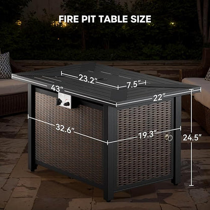 Patio Loveseat Glider Set, Resin Wicker Loveseat Glider with 4 Swivel Patio Chiars Rectangular Firepit Table, 7 Piece Patio Conversation Loveseat Set, Brown Wicker|Grey Cushions