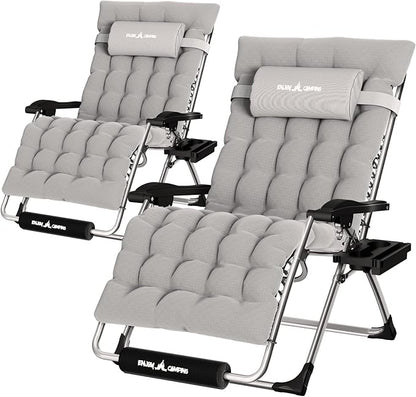 UDPATIO Oversized Zero Gravity Chair Set of 2, 33In XXL Patio Reclining Chair with Cushion, Outdoor Folding Recliner with Pillows|Cup Holder|Foot Rest|Padded Headrest, Grey, Support 500LB