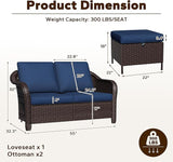 3 Piece Patio Wicker Conversation Set, All-Weather Use Outdoor Wicker Loveseat with 2 PE Rattan Ottomans - Photo 2