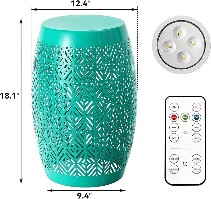 Large Side Table Outdoor,18" H LED Light Metal End Table with Geometric Cut-Out Design, Hollow Drum Coffee Accent Table Plant Stand with No Assembly & Weather-Resistant for Patio, Garden, Indoor