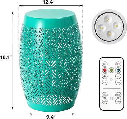 Large Side Table Outdoor,18" H LED Light Metal End Table with Geometric Cut-Out Design, Hollow Drum Coffee Accent Table Plant Stand with No Assembly & Weather-Resistant for Patio, Garden, Indoor