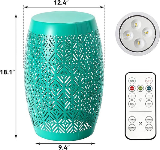 Large Side Table Outdoor,18" H LED Light Metal End Table with Geometric Cut-Out Design, Hollow Drum Coffee Accent Table Plant Stand with No Assembly & Weather-Resistant for Patio, Garden, Indoor